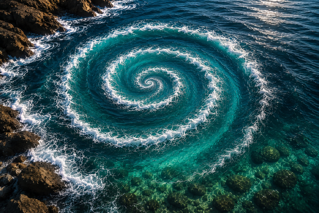 Counterclockwise ocean spiral representing how restoration moves through coherence and return