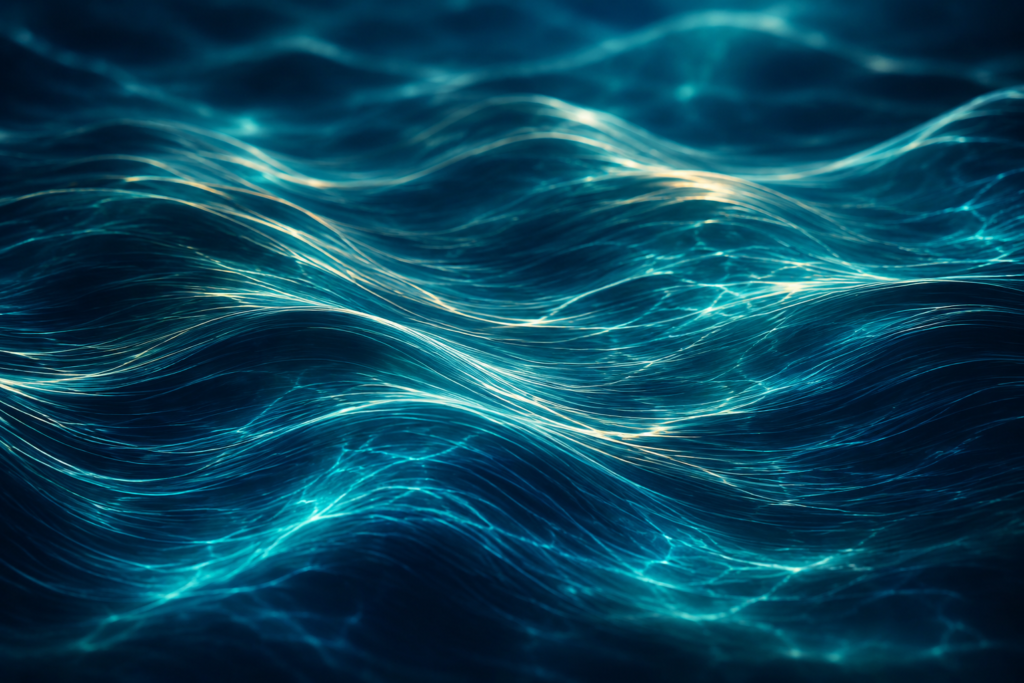 Abstract teal water currents moving in rhythmic waves, representing harmonic tone, resonance, and coherence