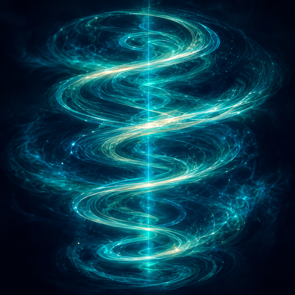 Teal spiral rotating around a central axis representing harmonic tone and function