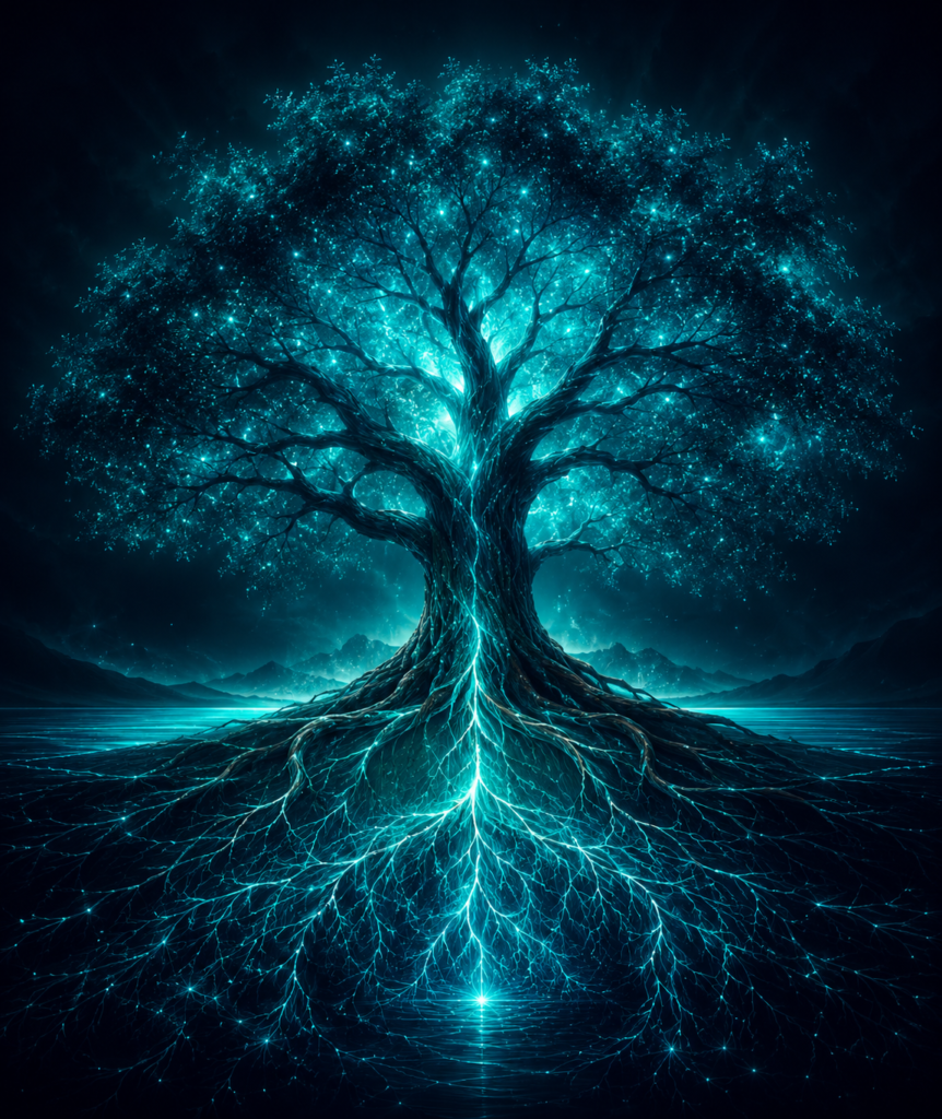 Luminous teal tree with glowing roots representing function in existence, coherence, and right relation